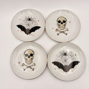 Set of 4 Potters Studio Halloween Appetizer Plates Skull Bat Spider Web Gold